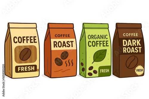 Set of coffee bag packaging designs. Vector illustration of various fresh, organic, dark roast coffee blends. Product branding mockup for retail. Flat cartoon graphic element.