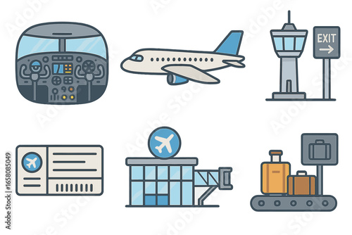 Vector aviation icon set. Airline and airport elements collection. Cockpit, airplane, control tower, terminal gate, ticket, and baggage claim symbols. Flight and travel concept.