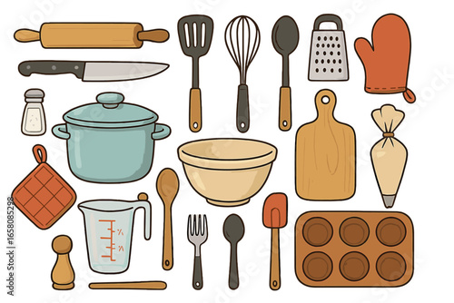 Kitchen utensils and tools vector icon set. Collection of cooking and baking essentials for meal preparation. Culinary equipment, cookware, bakeware cartoon illustration.
