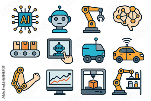 Artificial intelligence and robotics icons. Technology and automation concepts. Vector set with chatbot, machine learning, autonomous car, delivery robot, 3d printing, bionic arm.