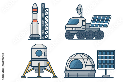 Space exploration vector icon set. Rocket launch, lunar rover, space lander module, Mars colony habitat dome with solar panel. Future astronomy science and technology graphic.
