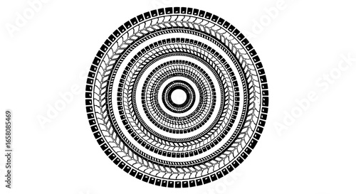 Dynamic tire tread circular design for automotive ads and stylish modern backgrounds or digital design templates