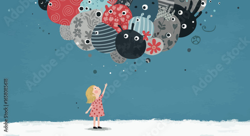 A Young Girl Reaches for a Sky Full of Whimsical Creatures and Patterned Balloons on a Clear Day