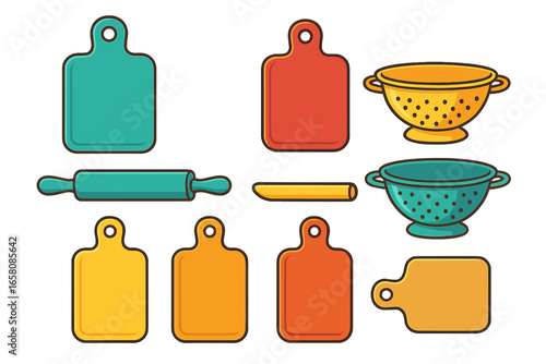 Vector illustration set of colorful kitchen utensils. Cutting board, rolling pin, colander icons. Flat cartoon style cooking and baking tools. Kitchenware and cookware graphic elements.