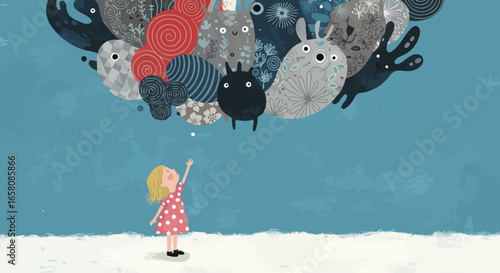 A Young Girl Reaches for a Whimsical Cloud of Fantastical Creatures on a Bright Winter Day Evoking Wonder and Imagination
