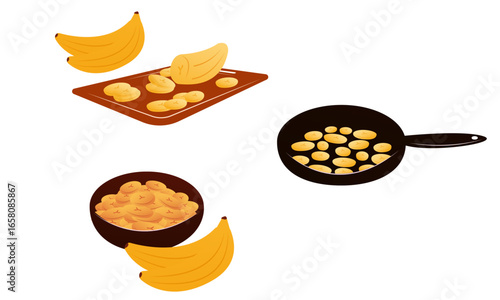 Vector illustration of cooking and serving Tajadas fried banana slices Plantain
