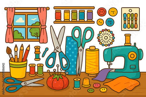 Sewing and crafting tools set. Vector cartoon illustration of a creative hobby workspace with machine, scissors, thread, needles, and buttons. Handmade needlework and tailoring concept.