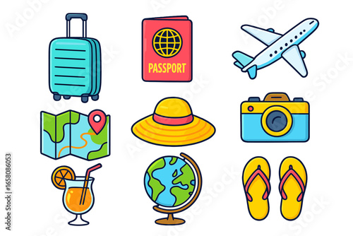 Travel icons set. Vacation essentials collection for tourism and holiday. Vector cartoon illustration of airplane, passport, luggage, camera, map, globe, hat, and summer cocktail.
