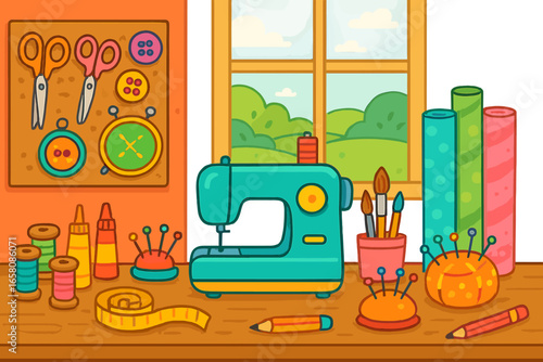 Sewing and craft hobby concept. Vector illustration of a creative workshop with a sewing machine, fabric, thread, scissors, and buttons. Workplace for a tailor or seamstress.