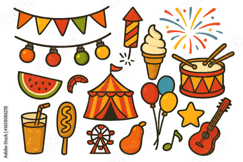 Set of festival and carnival elements. Fun fair icons collection with circus tent, food, and music. Celebration vector illustration pack. Party decoration and entertainment symbols.