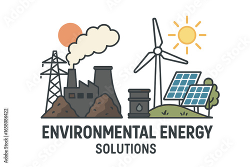 Environmental energy concept. Contrast between polluting factory with fossil fuels, and clean renewable sources like wind turbine & solar panels. Sustainable vs traditional power.