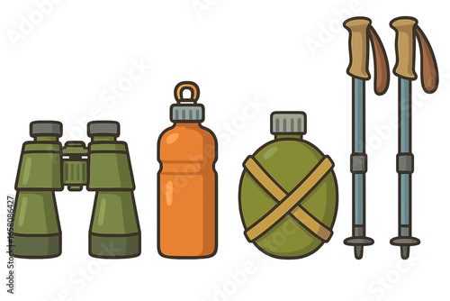 Set of hiking gear and camping equipment for outdoor adventure. Vector icons of binoculars, water bottle, canteen, and trekking poles for travel, tourism and expedition concept.