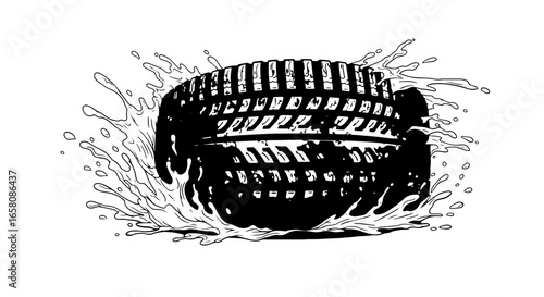 Dynamic tire splashing through water, conveying power, movement, and automotive action in a modern design