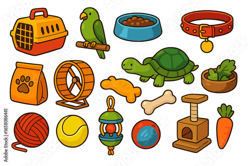 Pet shop accessory and animal icon set. Vector cartoon collection of pet care items. Dog, cat, parrot, turtle and hamster supplies. Food, toys, carrier, collar, and equipment.