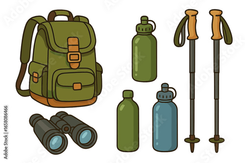 Hiking gear set for outdoor adventure. Trekking equipment collection with backpack, binoculars, water bottles, and walking poles. Vector cartoon illustration for camping and travel.