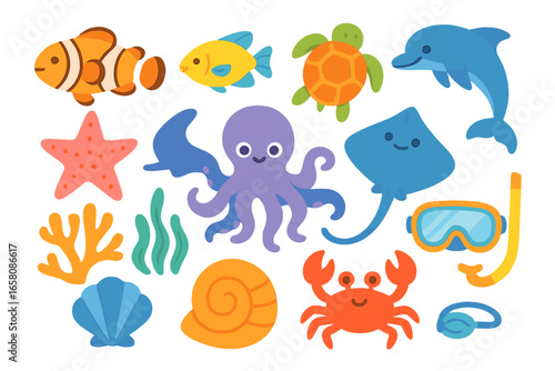 Sea animal icon set. Cute cartoon ocean life collection. Underwater marine creatures vector pack. Flat design fish, dolphin, turtle, octopus, crab for kids. Snorkeling elements.