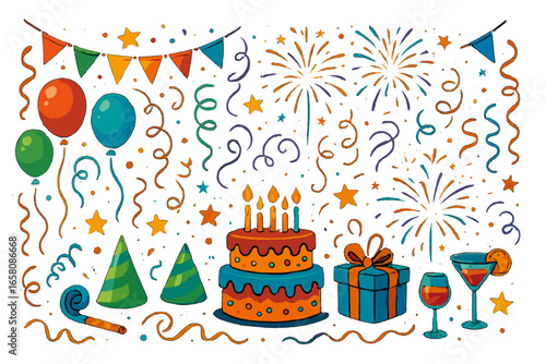 Hand drawn set of birthday party elements. Colorful celebration vector collection with cake, gift, fireworks, balloons, confetti. Festive holiday doodle decoration icons for design.