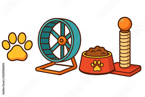 Pet supplies set, cartoon vector icon collection. Colorful pet care accessories. Cat scratching post, dog food bowl, hamster wheel and paw print. Pet shop equipment concept.