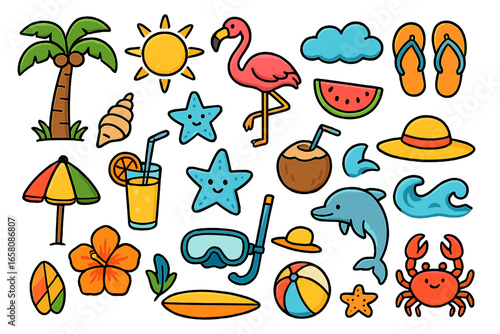 Summer beach icon set. Cute cartoon doodle collection for tropical vacation. Hand-drawn graphics with palm tree, flamingo, sun, surfboard, dolphin, cocktail. Vector illustration.
