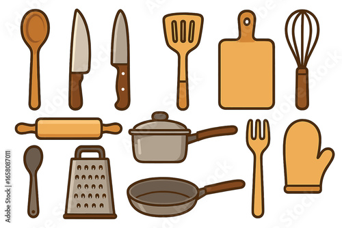 Cooking tools and kitchen utensils icon set. Vector cartoon illustration of culinary equipment. Food preparation concept with knife, pan, pot, spoon, whisk, spatula, grater.