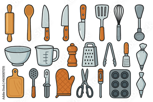 Vector set of cooking utensils and kitchen tools. Cartoon icons for culinary food preparation and home baking. Isolated kitchenware equipment collection with knife, spoon, whisk.
