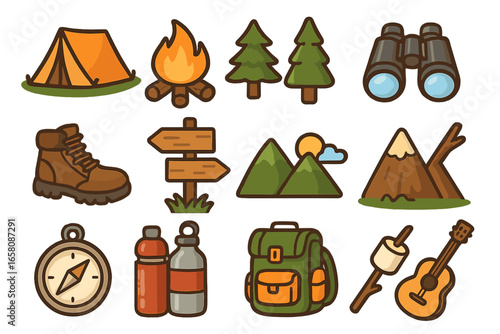 Camping icons collection. Outdoor adventure, hiking and travel gear set. Vector illustration of tent, campfire, mountain, boot, compass, backpack. Nature tourism symbols.
