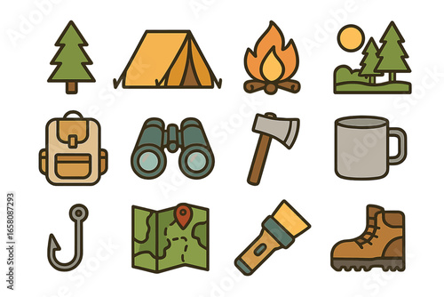 Camping and hiking icon set. Outdoor adventure travel symbols collection. Line art graphic elements for nature tourism. Tent, campfire, backpack, map, boot, and fishing icons.