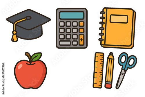 School and education colorful icon set. Back to school supplies concept. Vector cartoon illustration of graduation cap, calculator, notebook, apple, scissors, pencil and ruler.