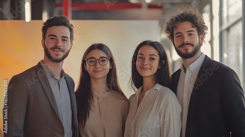four individuals pose closely for a group photograph in a modern indoor space