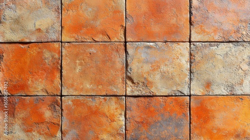 Orange terracotta texture weathered clay tiles seamless background natural rustic surface pattern aged ceramic material earthy warm tones traditional