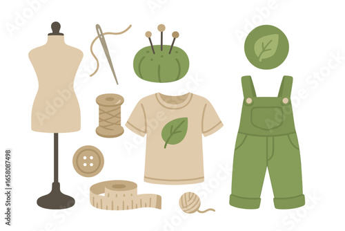 Sewing tools and eco-friendly clothing vector set. Sustainable fashion concept with tailor mannequin, needle, thread, organic clothes. Minimalist cartoon illustration collection.