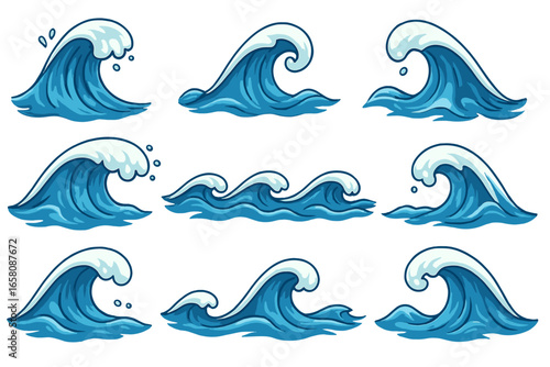 Ocean waves set. Sea wave collection. Cartoon surf splash. Vector water icon. Nature element. Blue tidal storm. Tsunami graphic. Marine illustration. Isolated on background.
