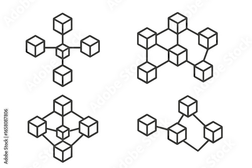Blockchain technology, data network, and decentralized system concepts. Set of abstract geometric cube structures and block connection icons in a modern minimalistic line art style.