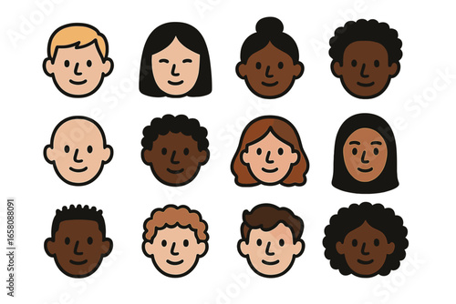 Diverse people face icon set. Minimalist vector avatars. Multicultural community concept. Different ethnicities, skin tones, and hairstyles. Representation and inclusion cartoon pack.