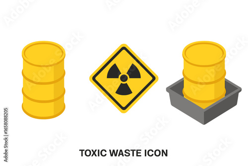 Isometric toxic waste icon set. Hazardous material containment, sealed yellow barrel, radioactive warning symbol, secondary spill containment tray. Hazardous waste management concept illustration.
