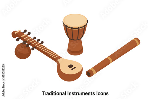 Isometric Flat Icon Set of Traditional Musical Instruments Including Indian Sitar, African Djembe Drum, and Australian Didgeridoo Vector Illustration on Transparent Background