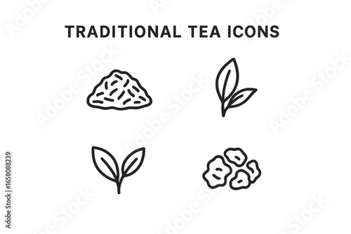 Traditional Tea Icons Set with Outline Style, Vector Illustration of Loose Leaf Tea Pile, Green Tea Leaves, Black Tea Leaves, Oolong Tea Leaves, Classic Herbal Beverage Elements