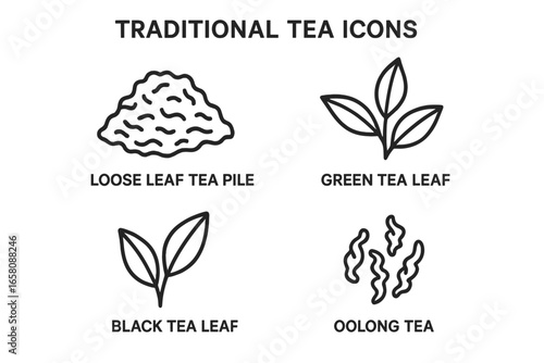 Traditional tea icons set. Loose leaf tea pile, green tea leaf, black tea leaf, oolong tea outline vector illustration. Asian herbal drink symbols. Tea leaf variety, tea culture, beverage concept.