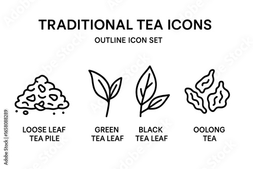 Traditional Tea Leaves Vector Icons Set. Loose Leaf, Green Tea Leaf, Black Tea Leaf, Oolong Tea Outline Style. Herbal Beverage Ingredients Collection for Asian Drink Culture, Transparent Background