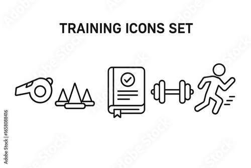 Training icons set outline vector. Coaching whistle, agility cones, workout diary checklist, dumbbell, running athlete silhouette. Fitness activities concept, exercise routine, sports coaching tools