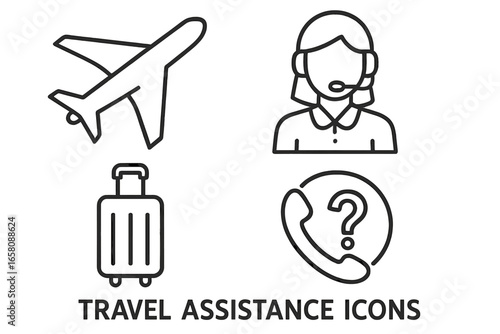 Travel assistance vector icon set with airplane silhouette, luggage bag, and telephone support line symbols, outline style, transparent background, customer service and helpline concept design