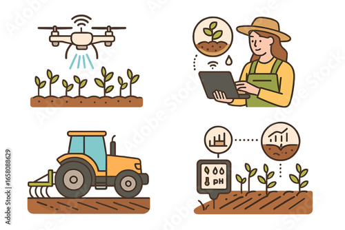 Smart farming technology vector illustration set. Modern agriculture concept with drone sprayer, tractor, farmer with laptop, and soil sensor. Agritech and precision farming icons.