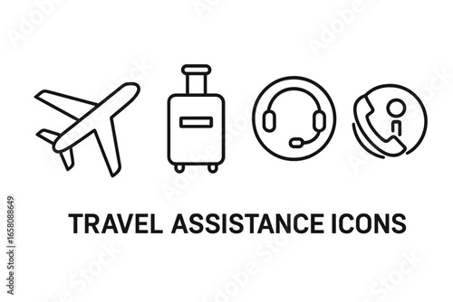 Travel Assistance Outline Icons Set. Vector Airplane Silhouette, Luggage Suitcase, Hotline Headset, Helpline Telephone Support Concept. Airport Transport Service, Customer Vacation Help