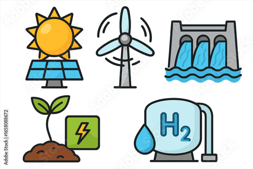 Set of renewable energy icons. Solar panel, wind turbine, hydroelectric dam, biomass, and hydrogen power. Green energy concept. Sustainable technology vector illustration collection.