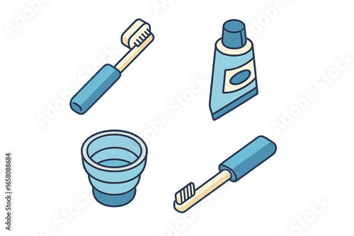 Isometric travel bathroom essentials vector set, portable toothbrush, mini toothpaste tube, collapsible cup icons, hygiene kit for travelers, flat isolated illustrations transparent background