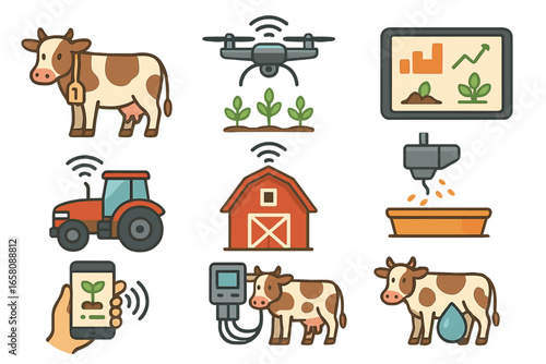 Farm technology icon set with smart farming and agriculture automation symbols. Vector collection of livestock monitoring, drone, tractor, and modern equipment for ag-tech concepts.
