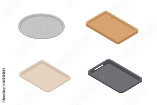 Isometric tray icon set collection. Silver round serving tray, wooden rectangular kitchen tray, beige plastic tray, black food service tray. Various tray materials and shapes vector illustration