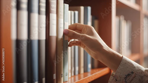 A close-up view of a hand gently selecting a book from a well-stocked wooden bookshelf in a quiet library or study emphasizing reading learning and research