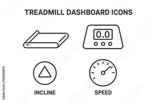 Modern treadmill dashboard icons set. Outline vector illustration with treadmill belt, digital display panel, incline triangle button, speed gauge meter. Home gym fitness equipment workout controls.