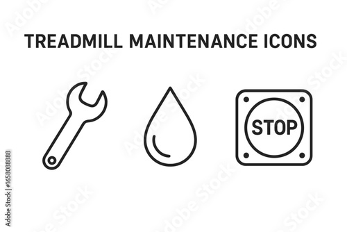 Treadmill maintenance icons outline set. Vector fitness equipment repair, lubrication drop, emergency stop button. Gym safety, workout machine servicing. Thin line wrench, oil, exercise concept.
